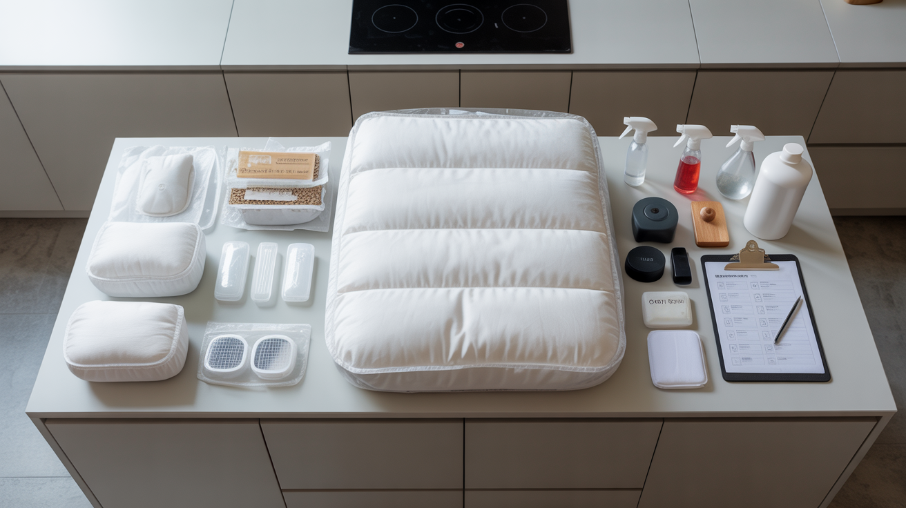 Flat lay of an Airbnb host pest prevention kit including mattress encasements, monitoring traps, and cleaning supplies
