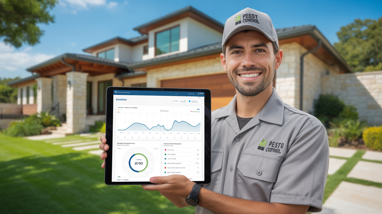 Pest control professional reviewing treatment data analytics on a digital display