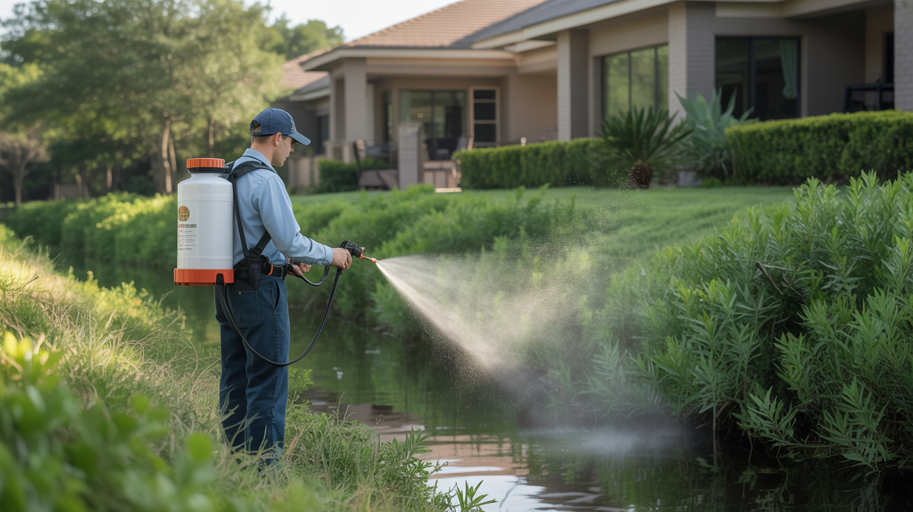 Professional mosquito misting treatment being applied to dense vegetation along a creek bank near an Austin residential property