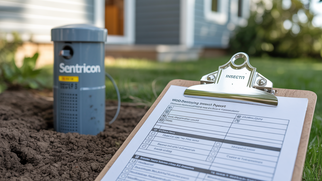 Professional WDI inspection report on clipboard with Sentricon bait station in foreground