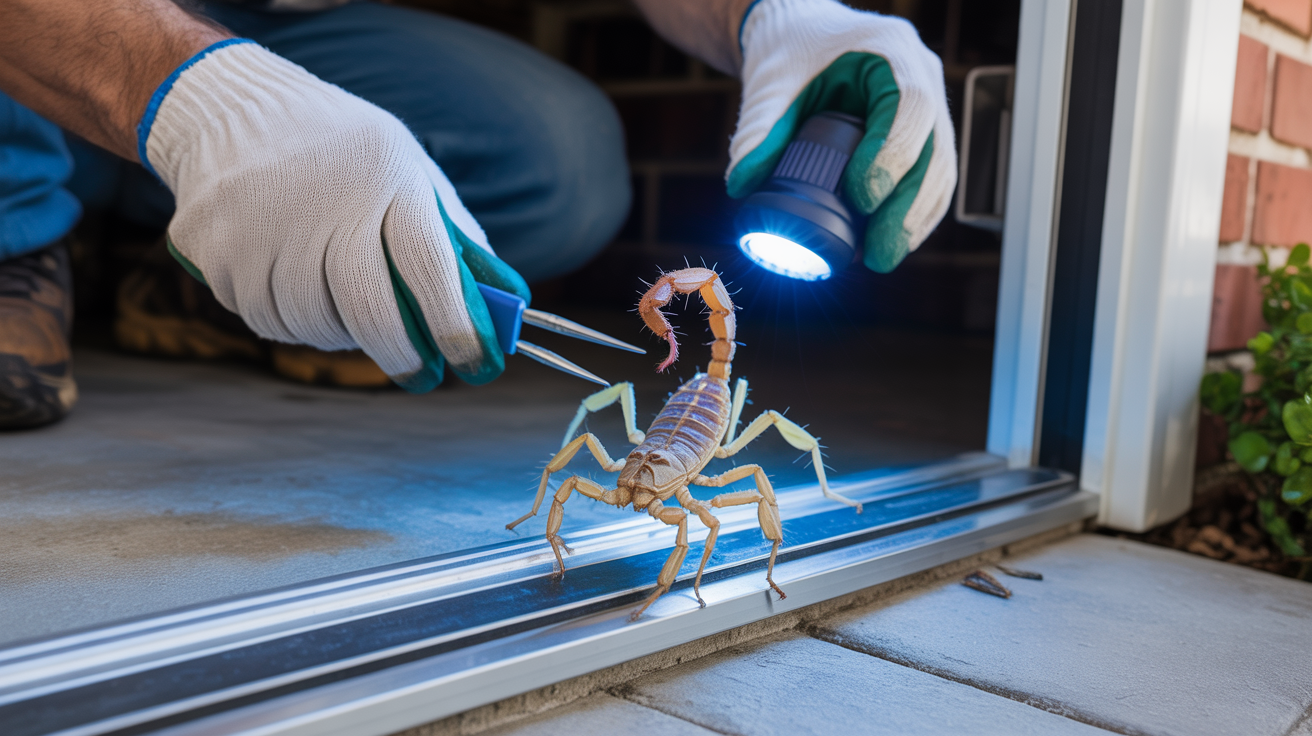 Professional pest control technician using UV blacklight to locate scorpion during Austin home inspection