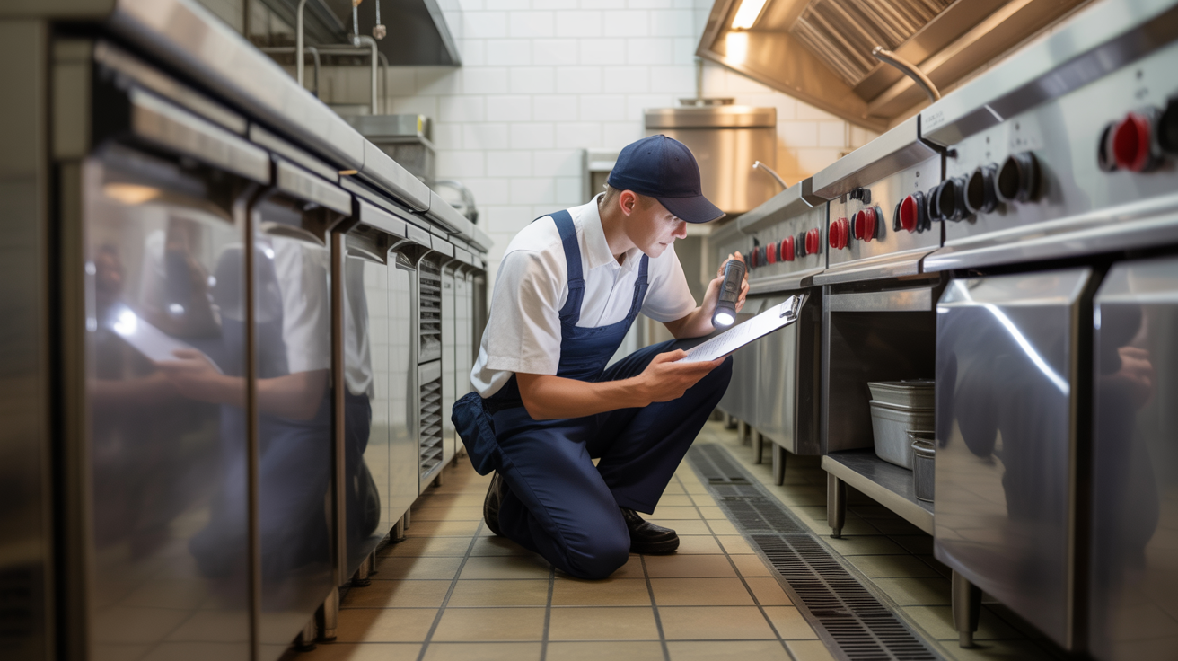 Professional pest control technician inspecting a restaurant kitchen drain area during pre-festival prep