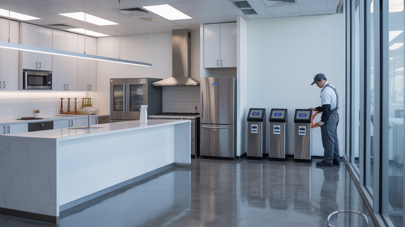 Pest control technician inspecting a commercial office break room with monitoring stations