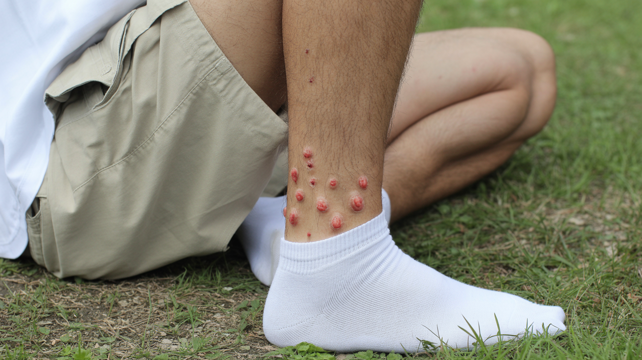 Close-up of chigger bite marks clustered around the sock line on a person's ankle