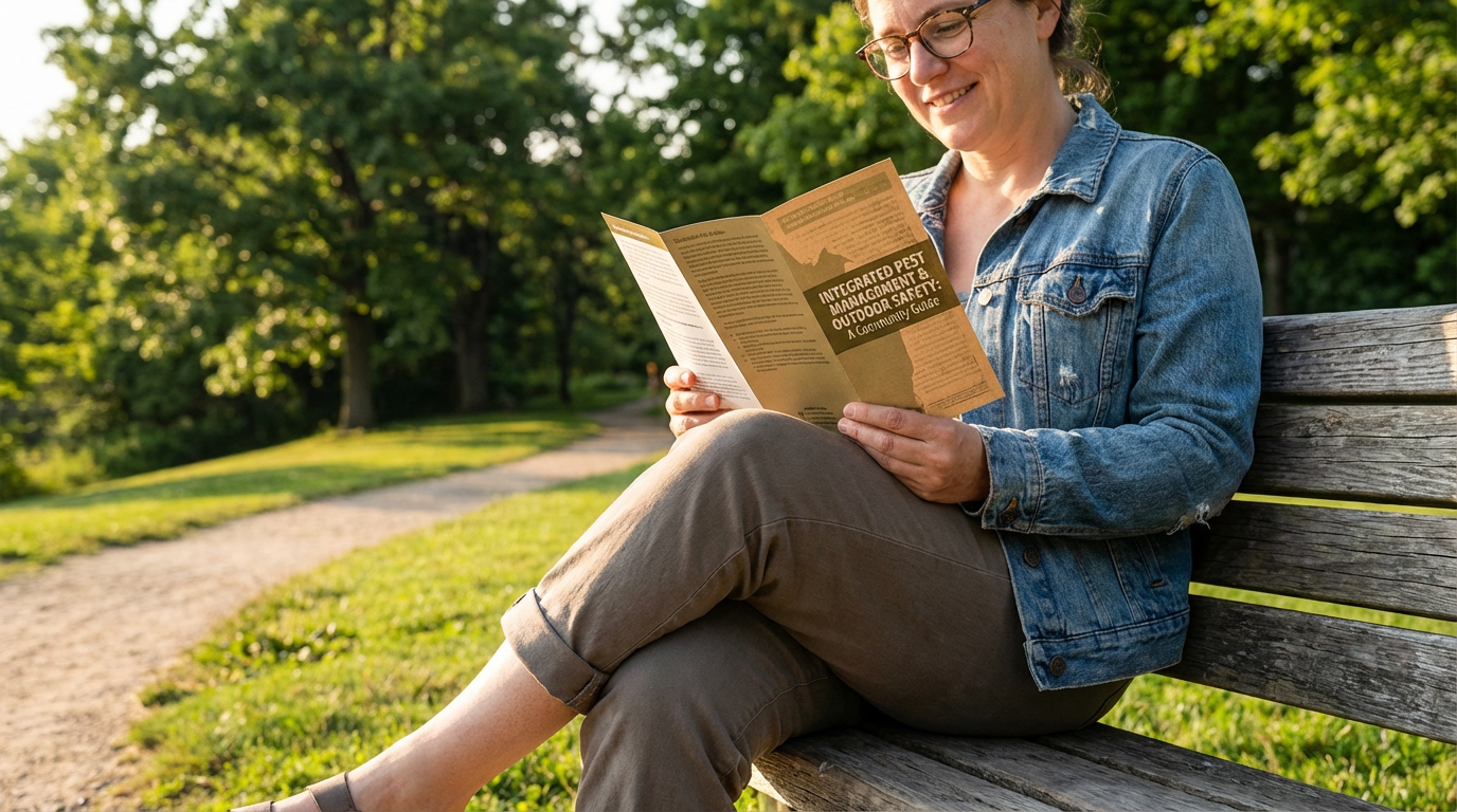 Person reading an educational pest control fact sheet on a park bench