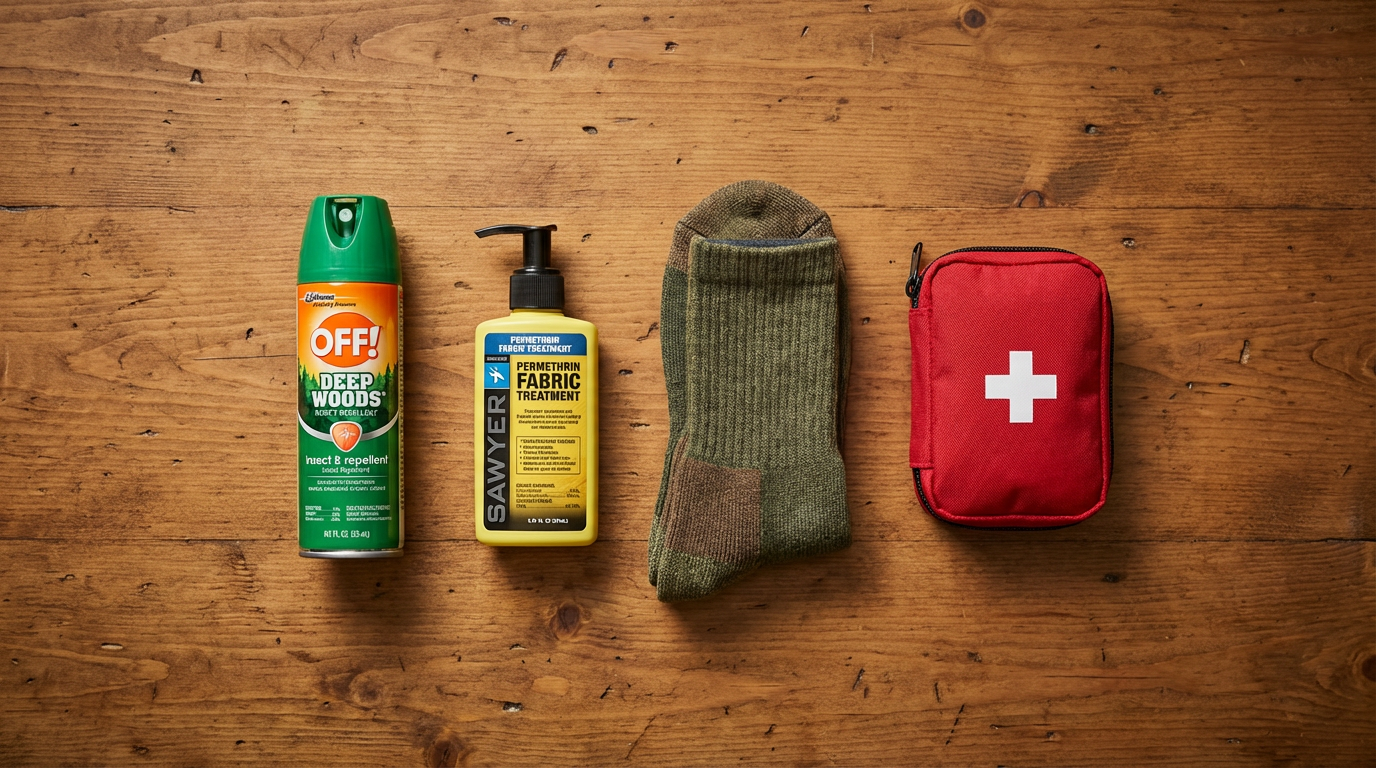 Flat lay arrangement of chigger protection essentials: DEET repellent, permethrin spray, hiking socks, and first aid kit