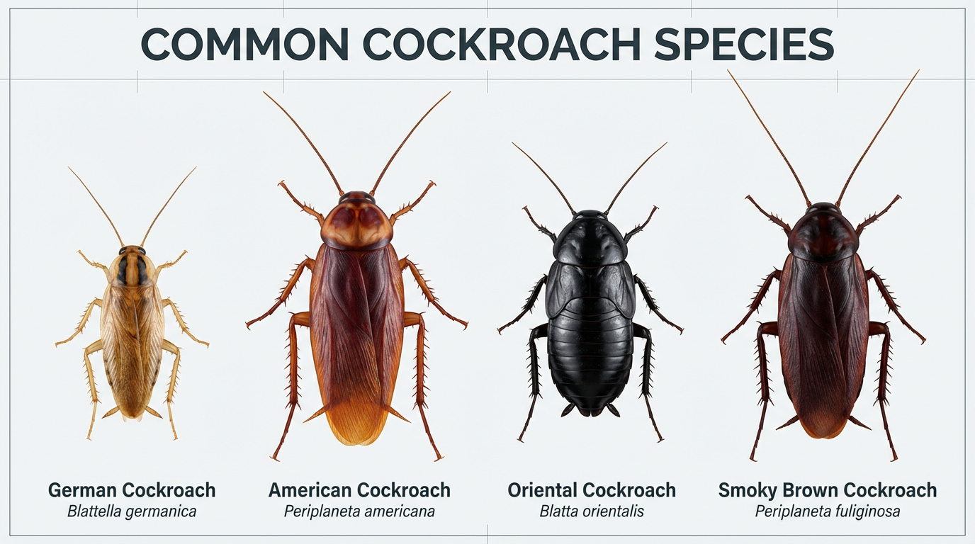 Cockroach species comparison chart showing side-by-side identification features of six common Texas cockroach species