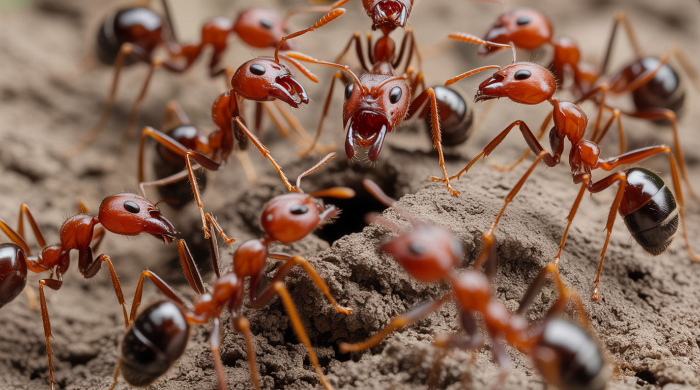 Close-up macro photo of red imported fire ants swarming aggressively on a mound in defensive posture with mandibles open