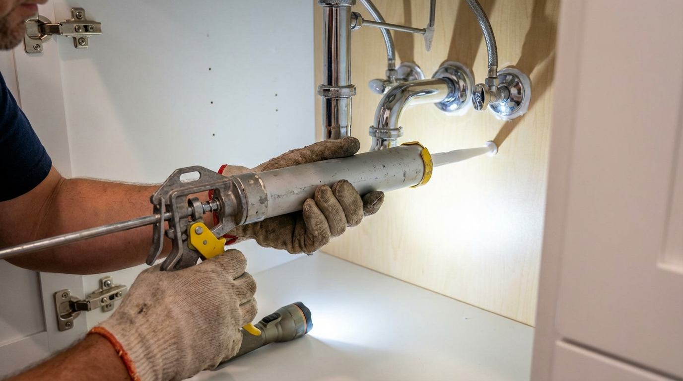 Homeowner sealing cracks and gaps around kitchen plumbing as cockroach prevention