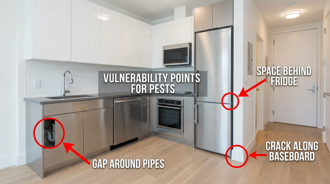 Common German cockroach entry points in apartment kitchen including pipe penetrations, electrical outlets, and cabinet gaps