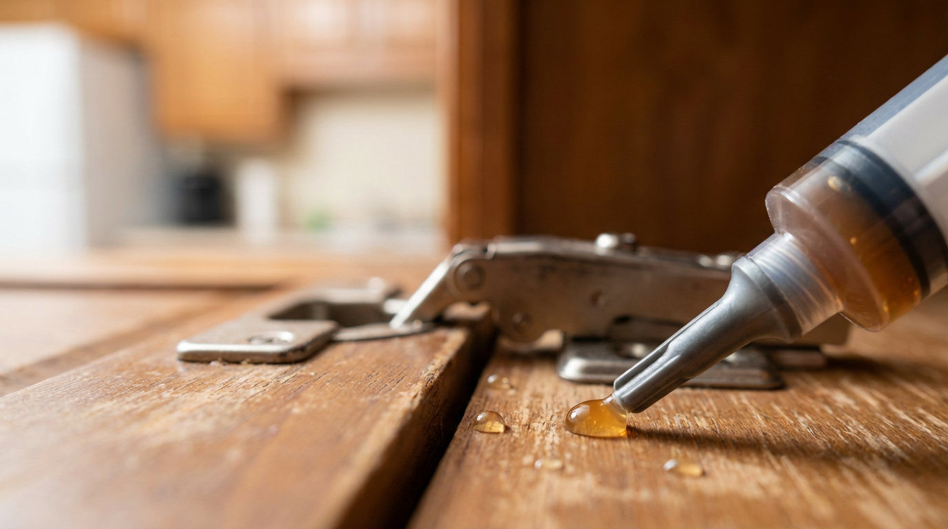 Professional pest control technician applying gel bait in kitchen cabinet for German cockroach elimination