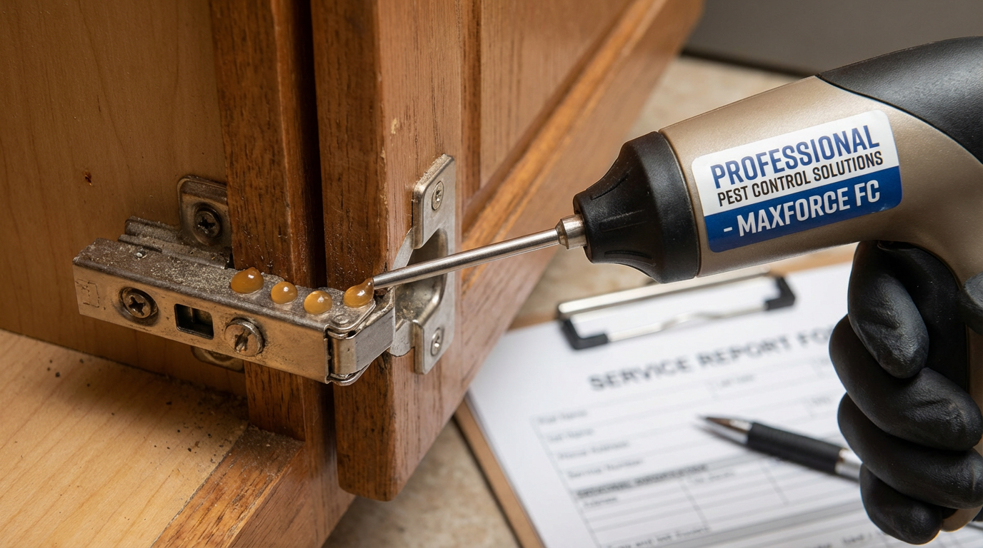 Professional pest control technician applying gel bait dots in kitchen cabinet hinge areas for targeted German cockroach treatment