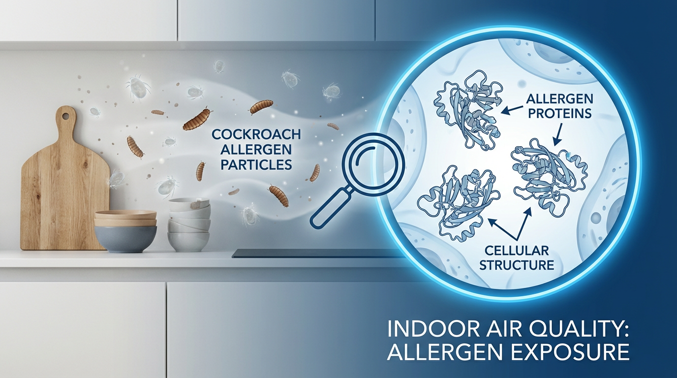 Illustration showing cockroach allergen sources including feces, shed skins, and saliva particles that become airborne in homes