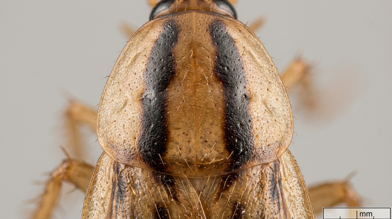 Close-up of German cockroach pronotum showing the two characteristic dark longitudinal stripes