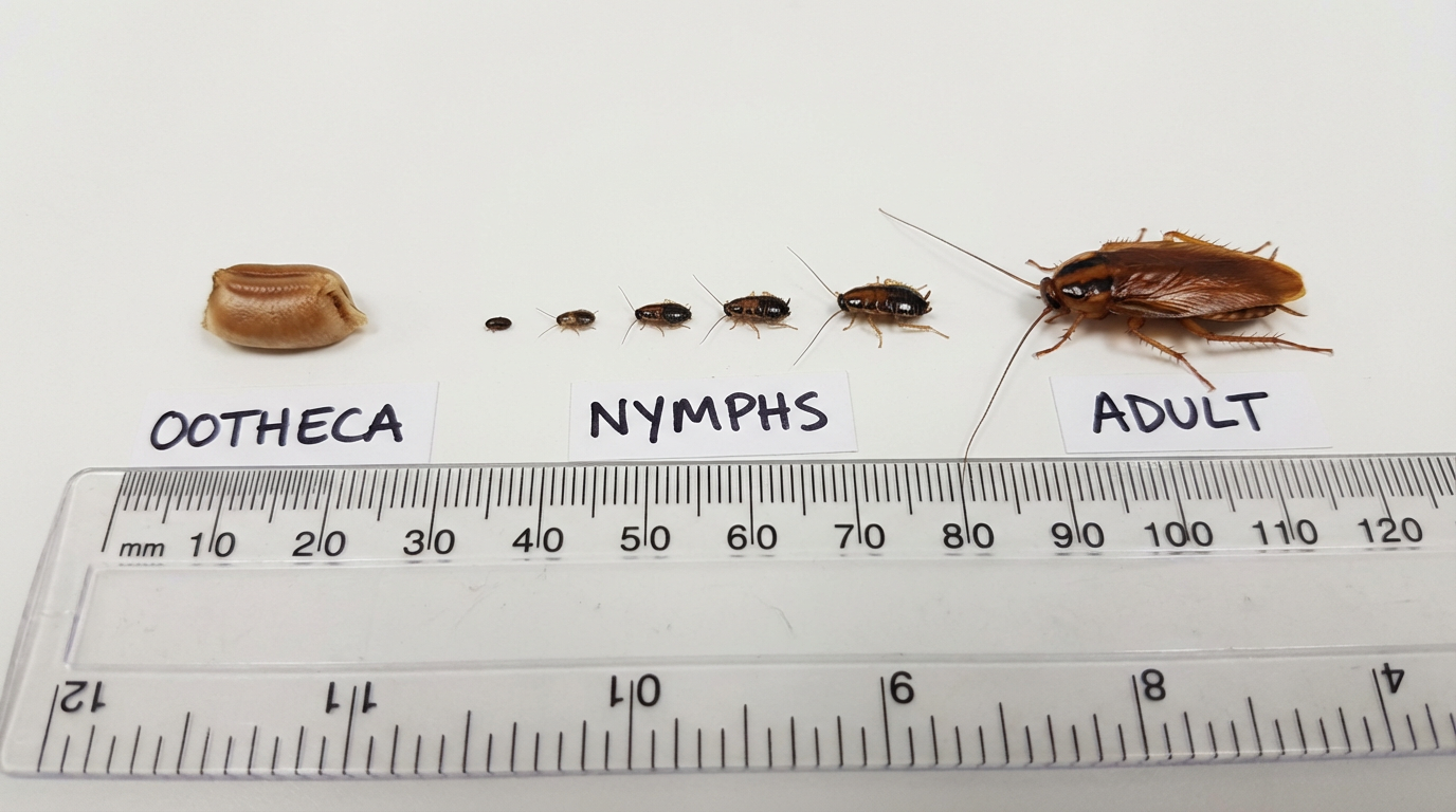 German cockroach lifecycle stages showing egg case, nymph instars, and adult on a laboratory surface
