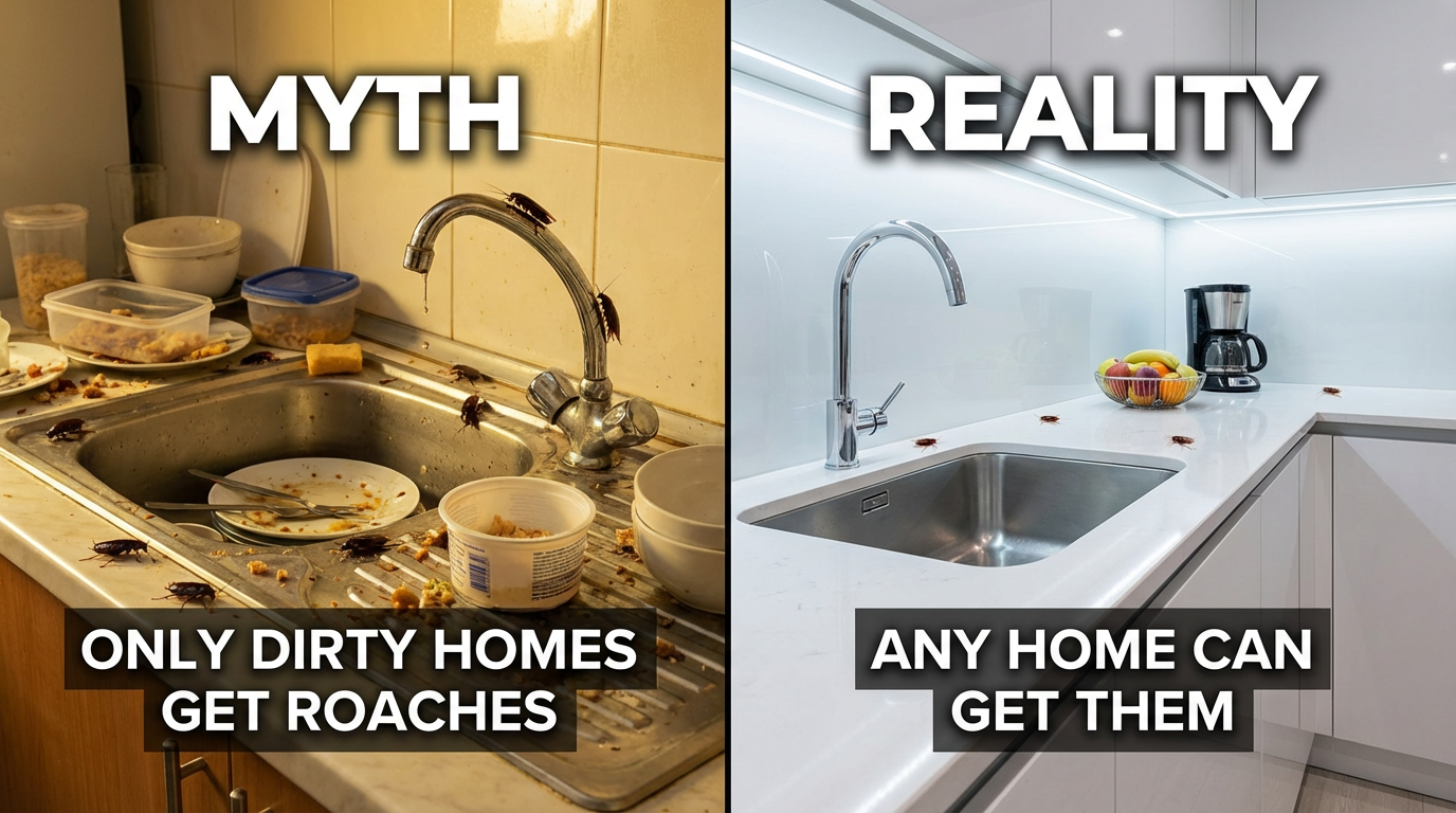 Side-by-side comparison of a cluttered kitchen and a clean kitchen, both showing signs of German cockroach presence