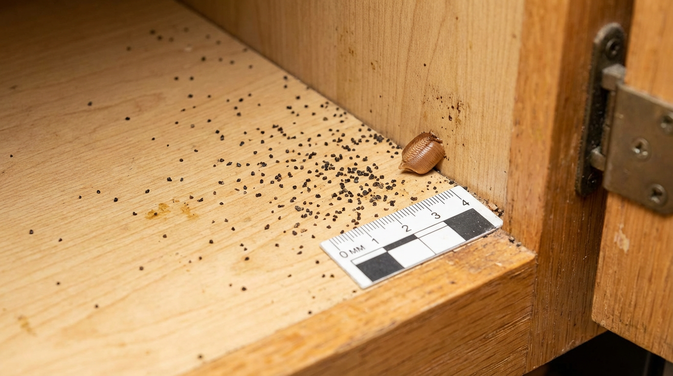 German cockroach droppings and ootheca egg case found inside a kitchen cabinet during professional inspection