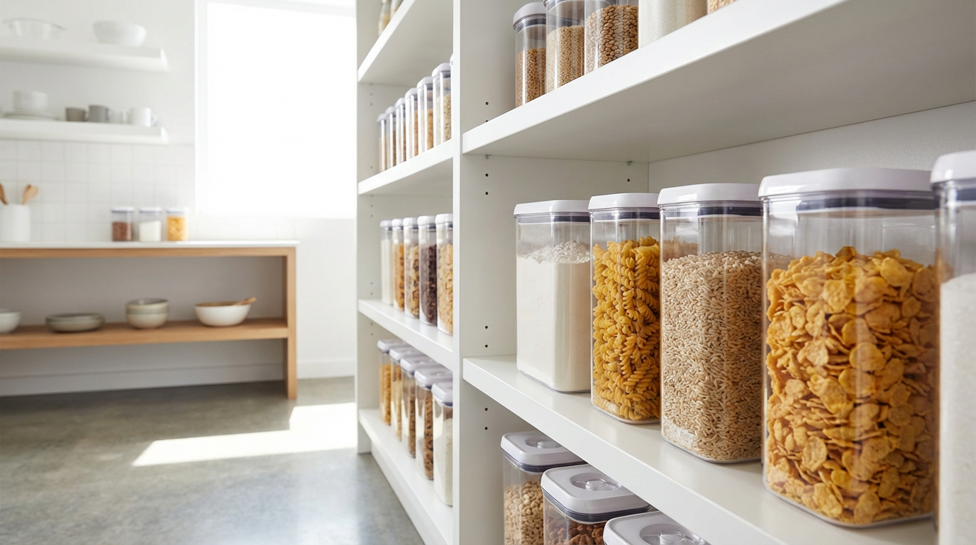 Clean modern kitchen pantry with clear airtight food storage containers neatly organized on white shelves