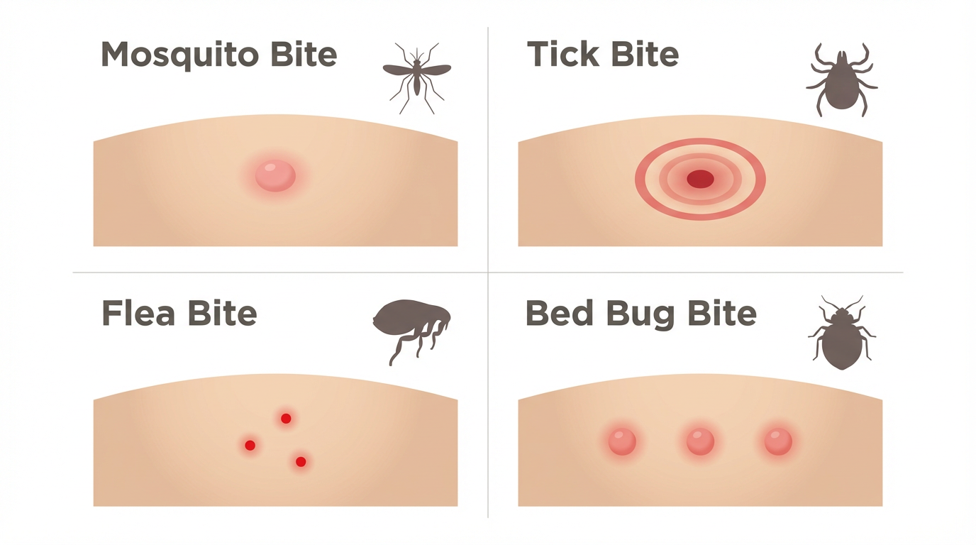 Comparison chart showing four common insect bite patterns: mosquito bite (single raised bump), tick bite (bullseye ring), flea bite (triangular cluster of three red dots), and bed bug bite (three red bumps in a straight line)