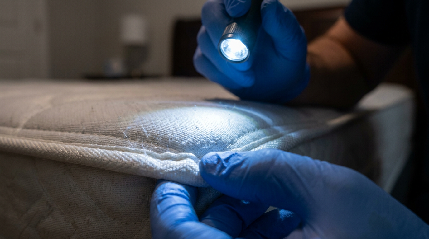 Pest control technician wearing gloves using flashlight to inspect mattress seam for bed bugs