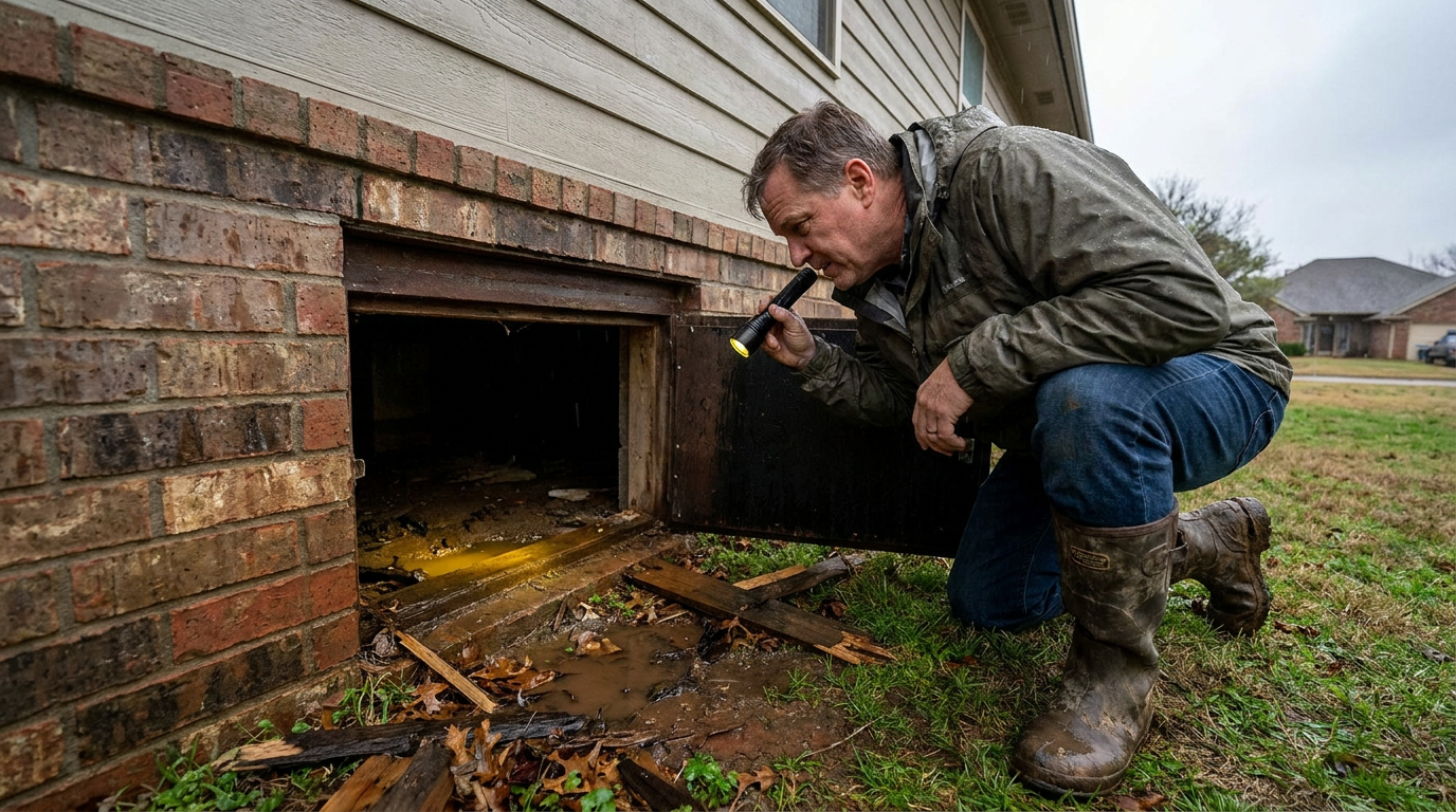 Homeowner inspecting crawl space entrance with flashlight after a storm showing damp conditions