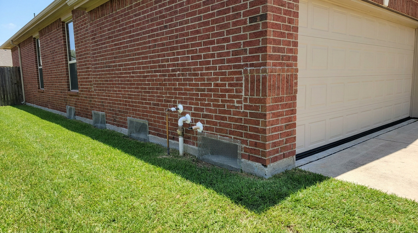 Suburban Texas brick home showing completed pest exclusion work including sealed pipe penetrations and screened foundation vents