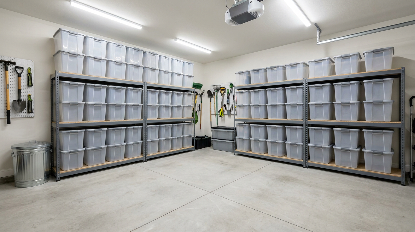 Clean organized garage interior with sealed storage bins on shelves and clear concrete floor