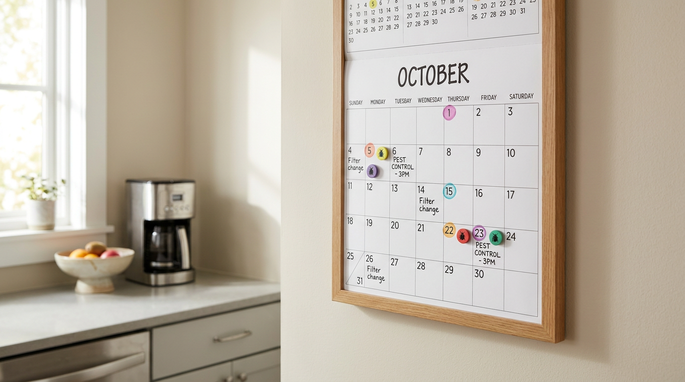 Calendar on kitchen wall with pest control appointment dates marked every 60-90 days