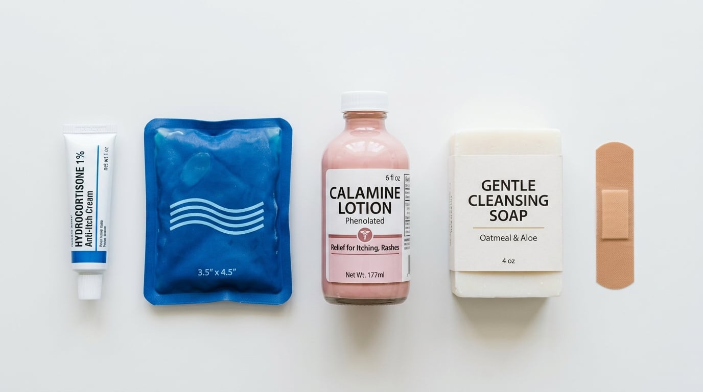 First aid supplies for treating mosquito bites including hydrocortisone cream, ice pack, and calamine lotion
