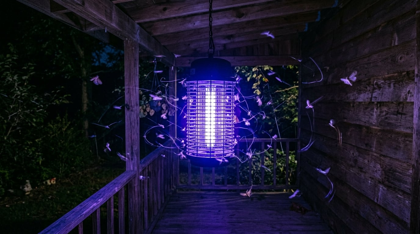 UV bug zapper glowing at night attracting insects on a backyard porch