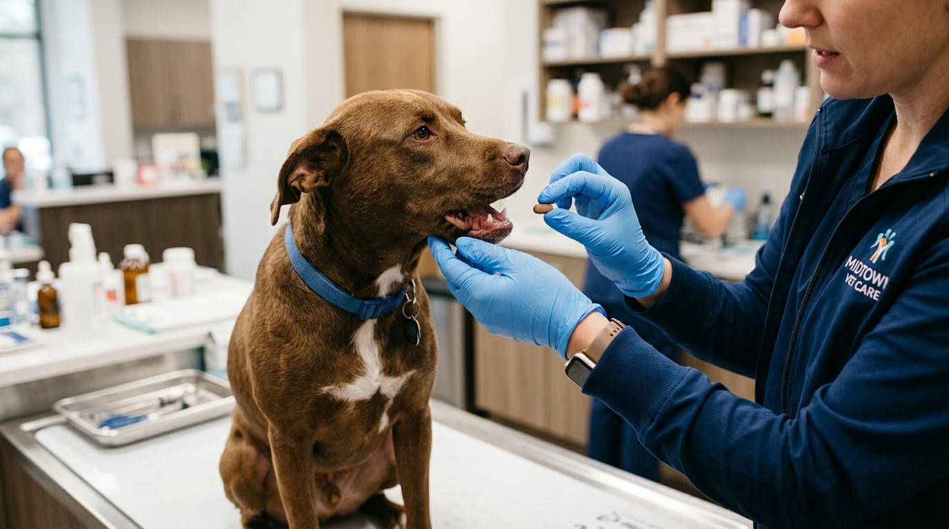 Veterinarian administering heartworm prevention medication to a dog