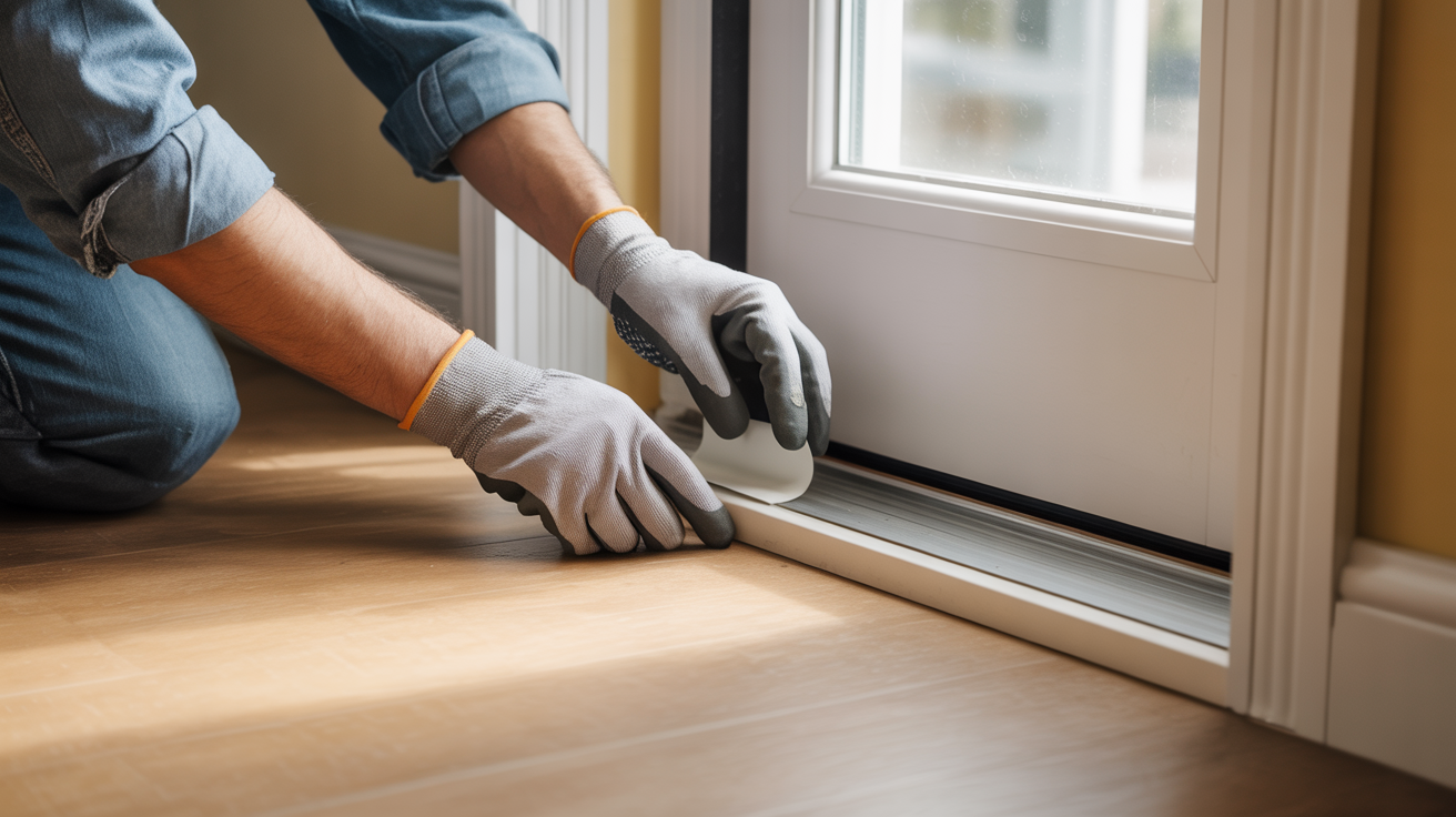 Hands wearing work gloves installing weatherstripping at the bottom of a door to prevent scorpion entry