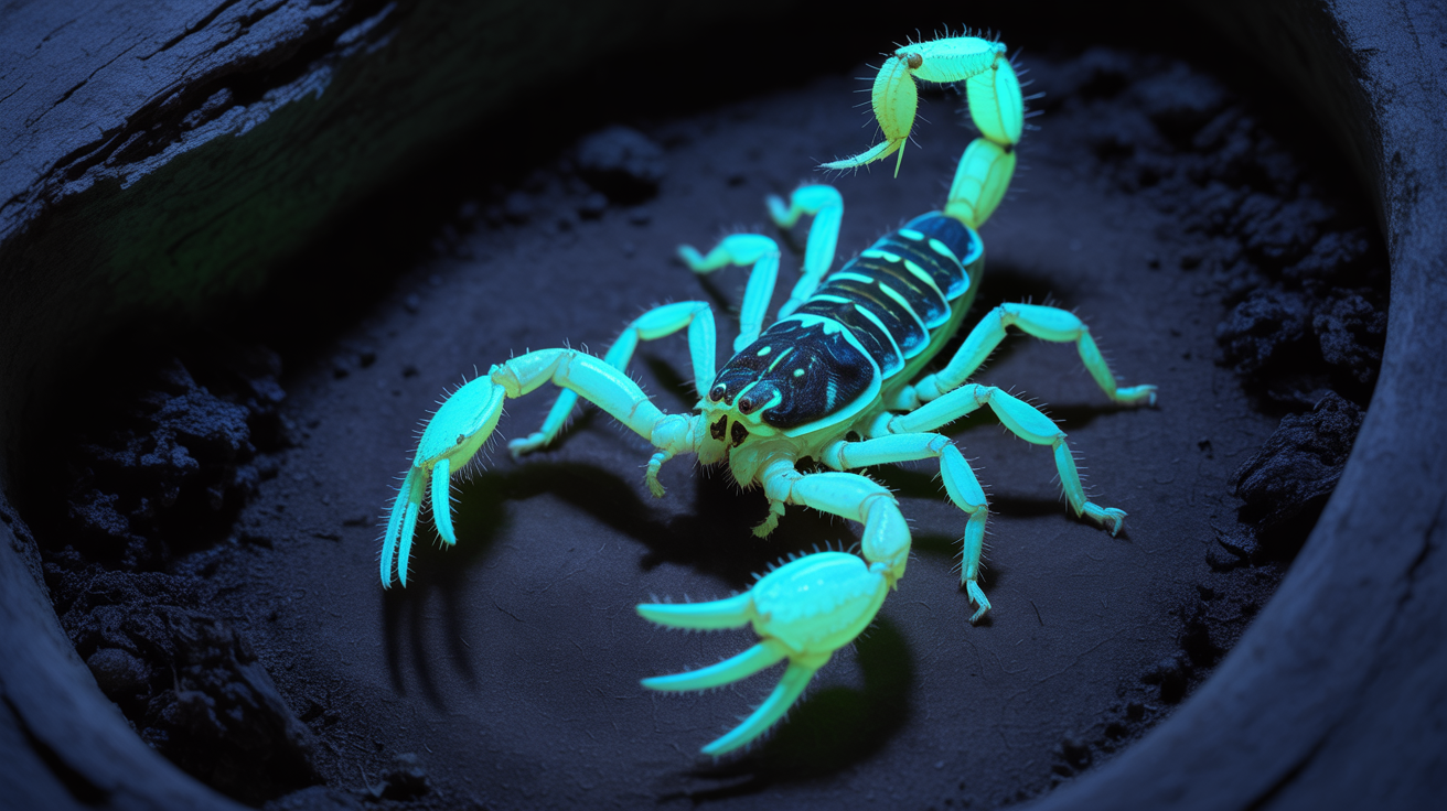 Striped bark scorpion glowing bright blue-green under UV blacklight, showing the fluorescent exoskeleton that makes nighttime detection possible