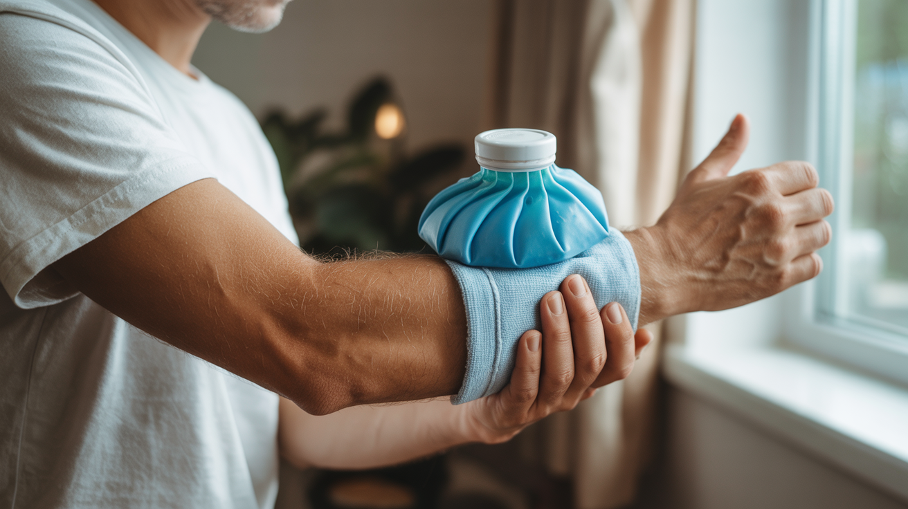 Person applying a cloth-wrapped ice pack to their forearm as first aid treatment for a scorpion sting