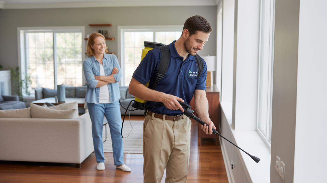 Professional pest control technician applying residual barrier treatment along baseboards inside a modern Oklahoma living room