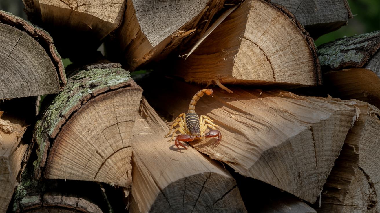 Striped bark scorpion partially visible between stacked firewood logs, illustrating why woodpiles near Oklahoma homes attract scorpions