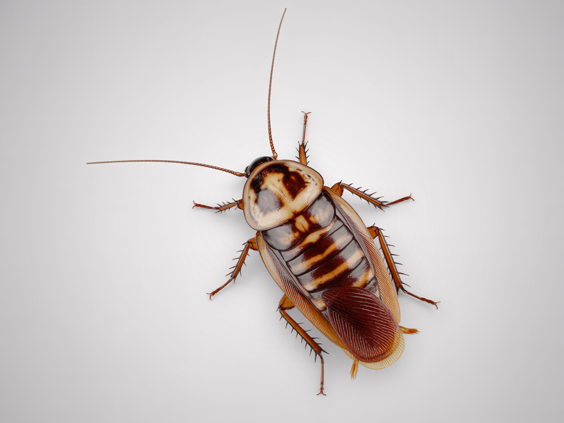 German cockroach close-up identification photo showing light brown body and two dark stripes behind head